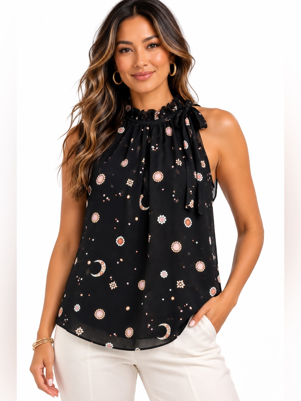 Ann Taylor Black Floral Moon Print Halter Blouse Sleeveless Chiffon SZ LP Office